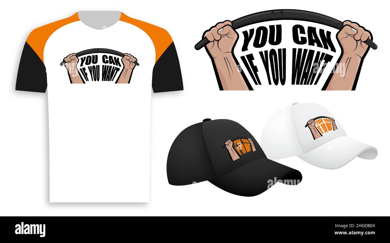 Motivation für Sportler. INSCHRIFT KÖNNEN SIE, WENN SIE WOLLEN. Drucken Sie auf Plakaten und Kleidung. Starke Hände brechen Metallstange. Vektor auf weißem Hintergrund für p Stock Vektor