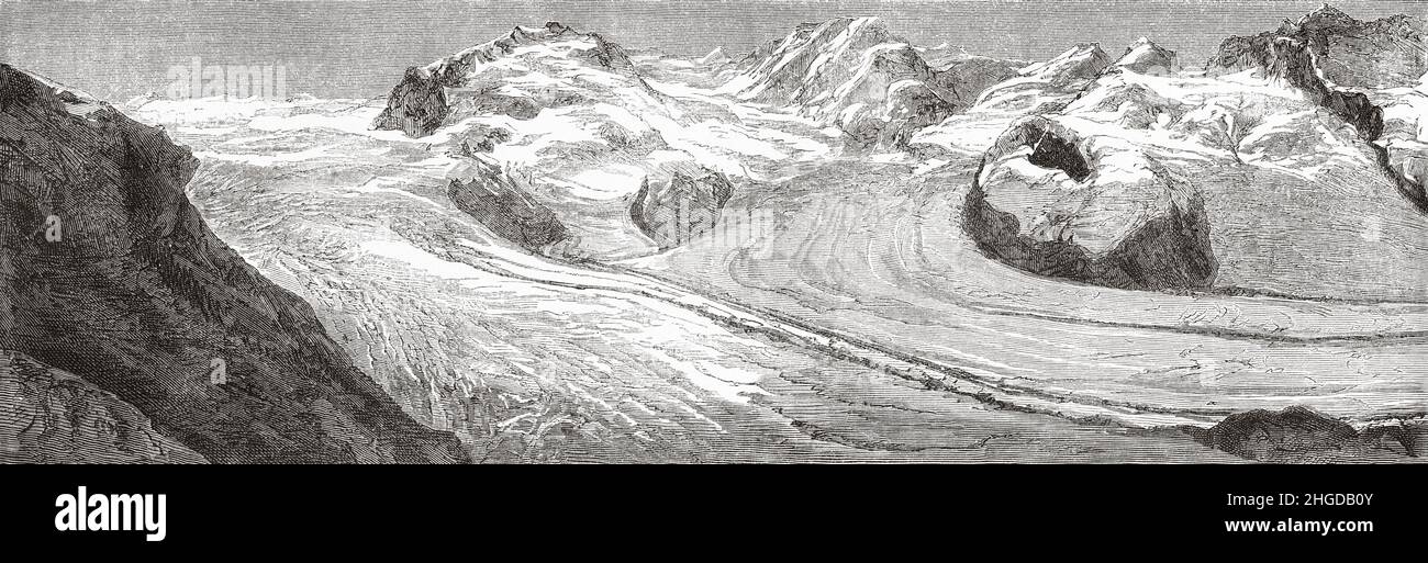 Monte Rosa und Gorner Gletscher, Schweiz. Alte 19th-Jahrhundert-Illustration von Beobachtungen auf Gletschern des Viege- und Monte-Rosa-Massivs im Jahr 1866 von Charles Grad, Le Tour du Monde 1870 Stockfoto