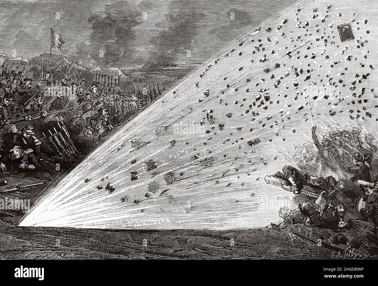 Explosion eines Steintorpedo oder Steinfugasse. Sebastopol Mai 1855. Alte, gravierte Illustration aus dem 19th. Jahrhundert von La Nature 1884 Stockfoto