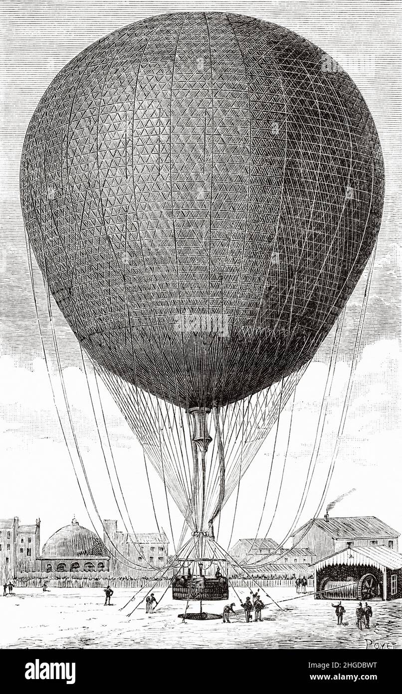 Der von Giffard in Turin, Italien, gebaute Ballon in Gefangenschaft. Europa. Alte, gravierte Illustration aus dem 19th. Jahrhundert von La Nature 1884 Stockfoto