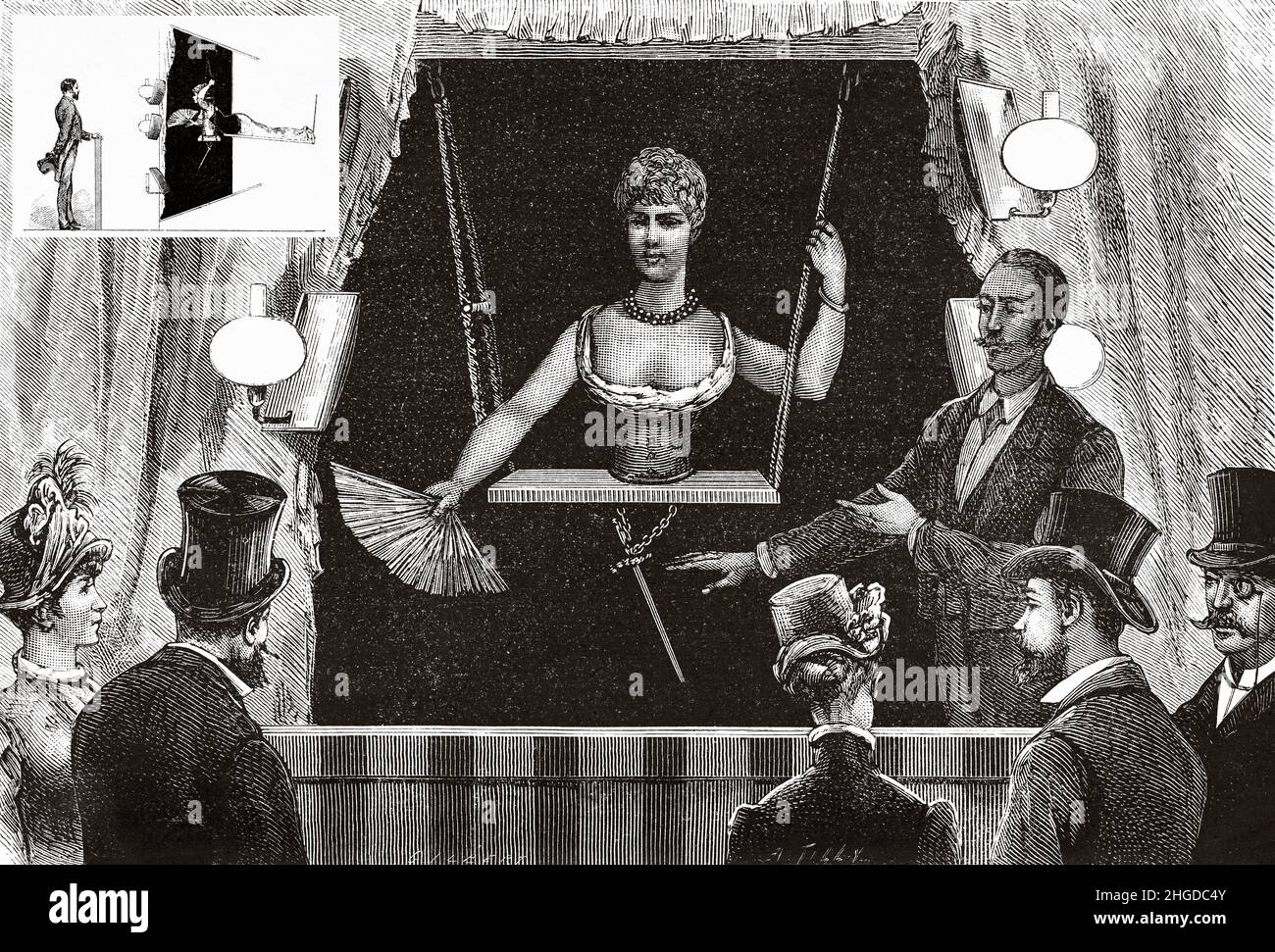 Optische Illusion, die Frau ohne Körper. Alte, gravierte Illustration aus dem 19th. Jahrhundert von La Nature 1884 Stockfoto