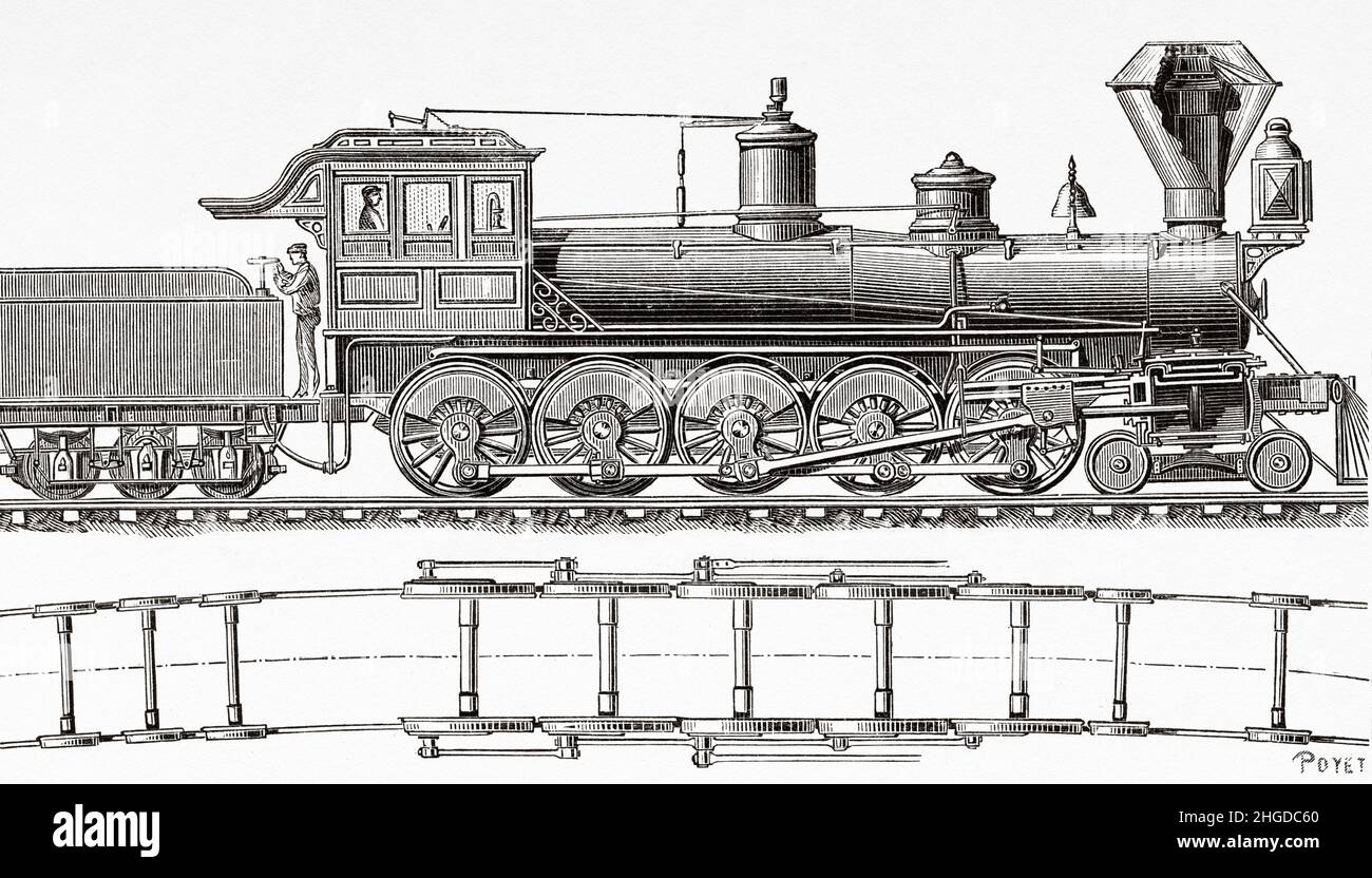 El Gobernador war eine 4-10-0 Dampflokomotive, die von der Central Pacific Railroad im kalifornischen Sacramento der Eisenbahn gebaut wurde. USA. Alte, gravierte Illustration aus dem 19th. Jahrhundert von La Nature 1884 Stockfoto