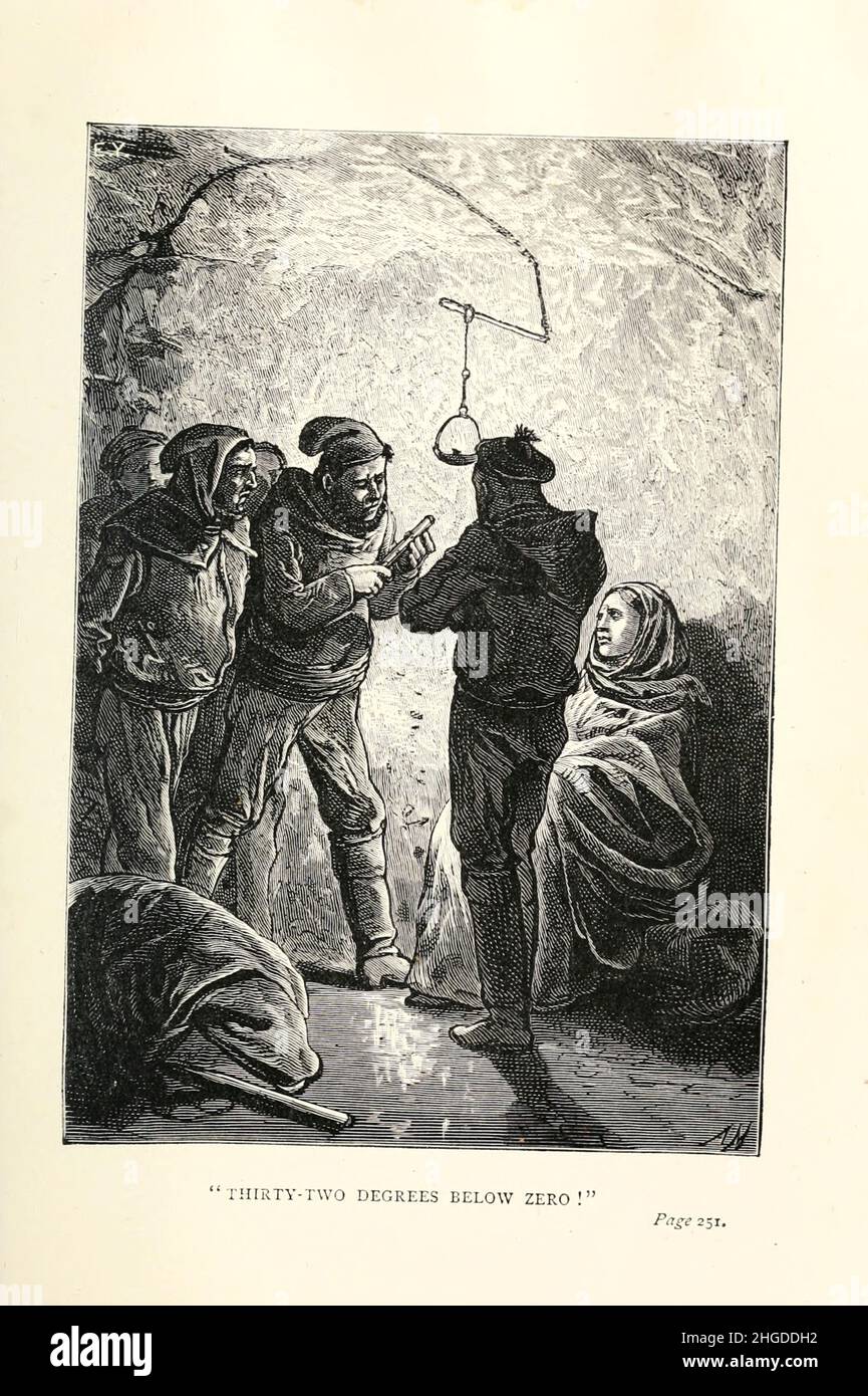 32 Grad unter Null Illustration von Adrien Marie aus "A Winter Amidthe Ice" (französisch: UN hivernage dans les Glaces) ist eine 1855 geschilderte Abenteuergeschichte von Jules Verne. Die Geschichte wurde erstmals im April–Mai 1855 in der Zeitschrift Musée des familles gedruckt. Später wurde sie von Pierre-Jules Hetzel in der Sammlung Doctor Ox (1874) als Teil der Voyages Extraordinaires-Serie neu gedruckt. Drei englische Übersetzungen ('A Winter Amid the Ice' von George Makepeace Towle, 'A Winter Among the Ice-fields' von Abby L. Alger und 'A Winter's Sojourn in the Ice' von Stephen William White) wurden 18 veröffentlicht Stockfoto