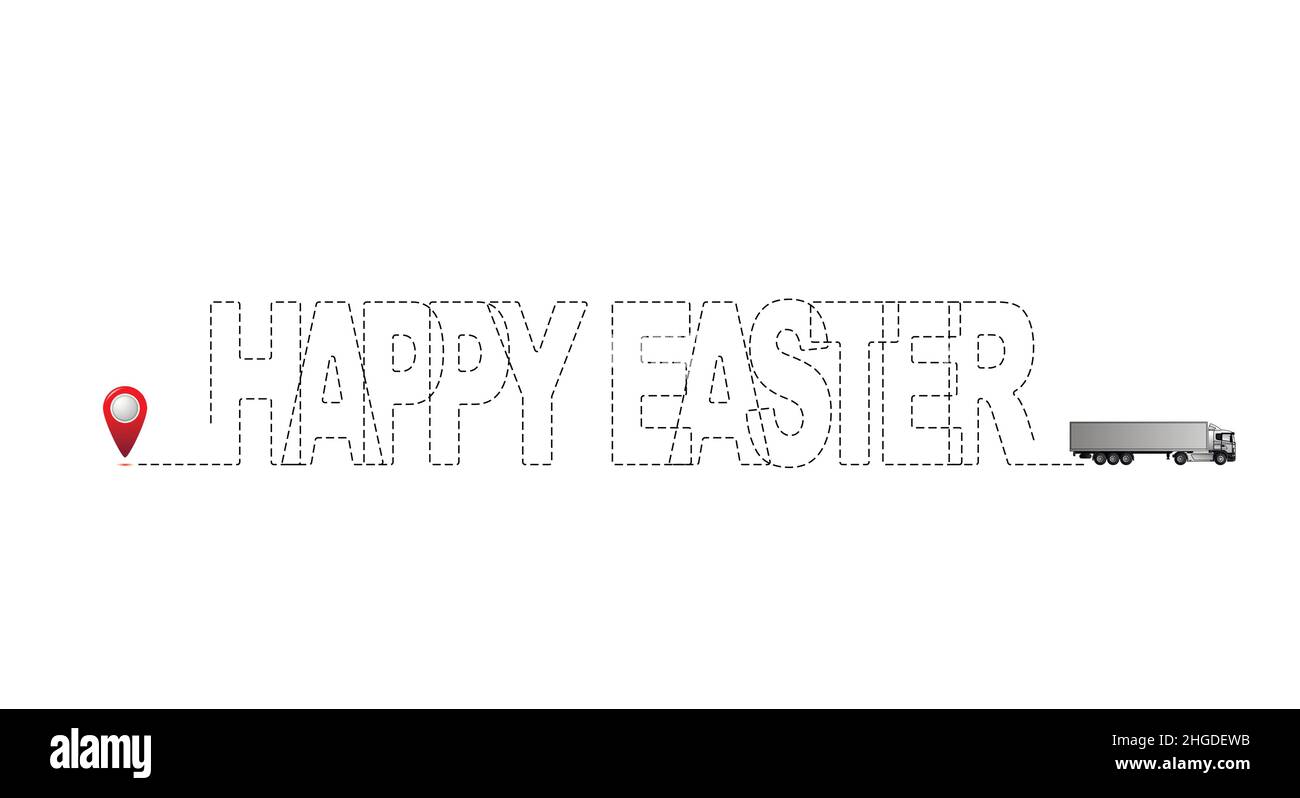 Happy easter Konzept. Ziel, Route, LKW. Logo für die Osterlieferung. Flache Vektorgrafik. Stock Vektor