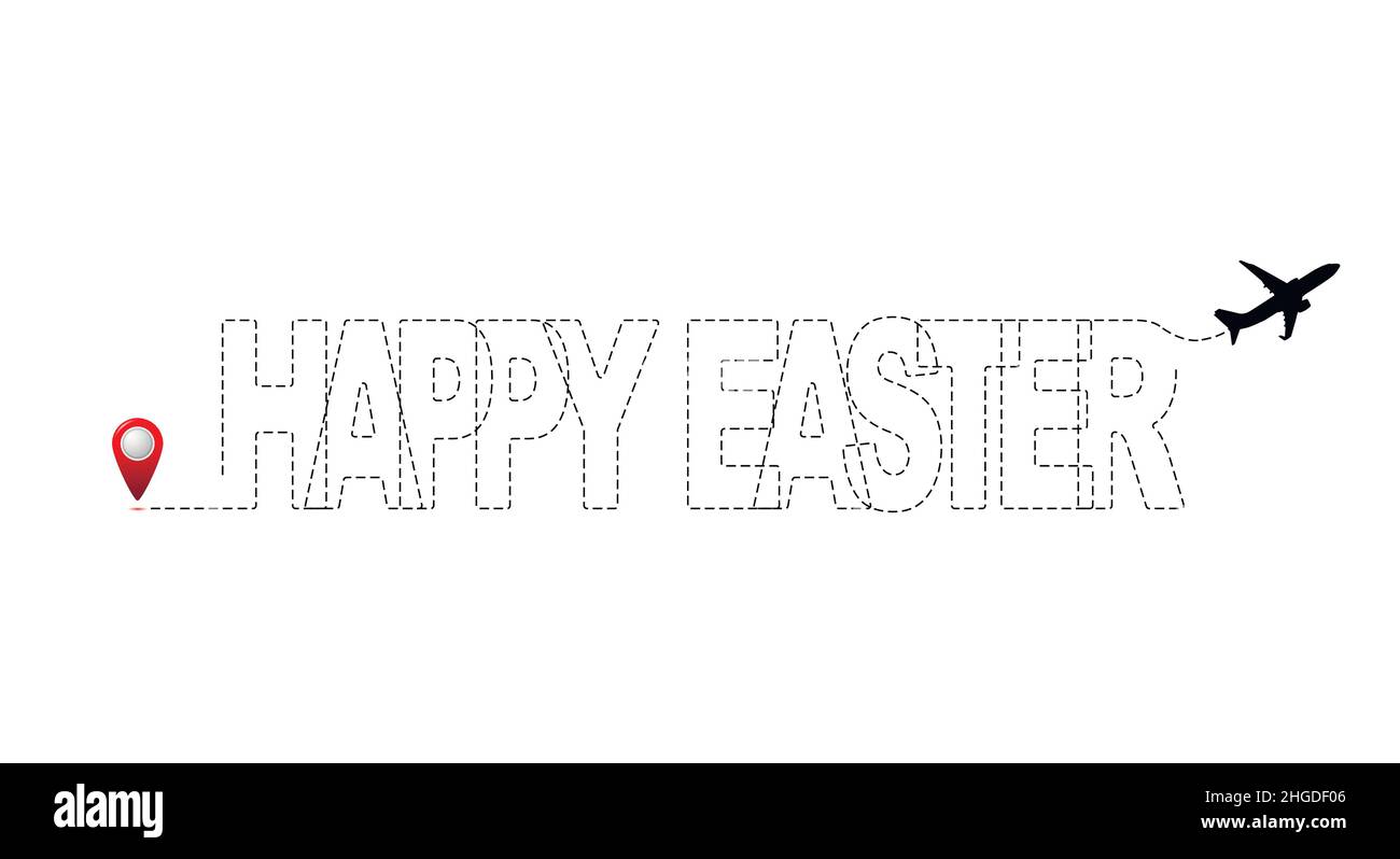 Happy easter Konzept. Ziel, Route, Flugzeug. Logo für Osterreisen. Flache Vektorgrafik. Stock Vektor