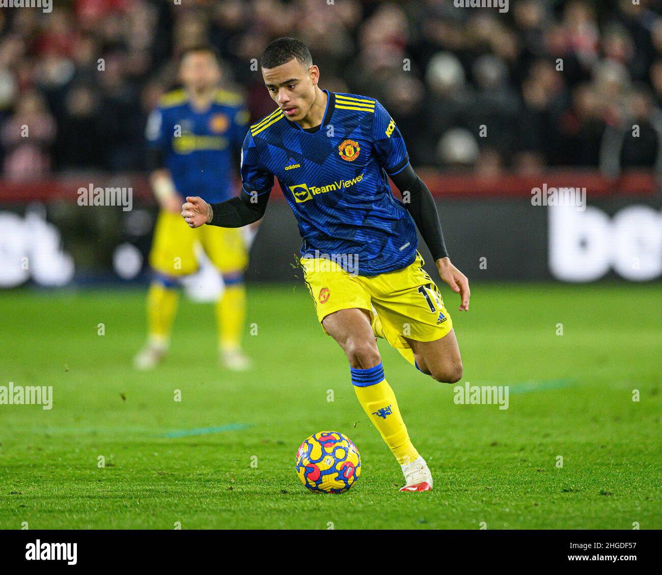 London, Großbritannien. 19th Januar 2022. 19. Januar - Brentford gegen Manchester United - Premier League - Brentford Community Stadium Mason Greenwood von Manchester United während des Spiels der Premier League im Brentford Community Stadium, London. Bildnachweis: Kredit: Mark Pain/Alamy Live Nachrichten Stockfoto