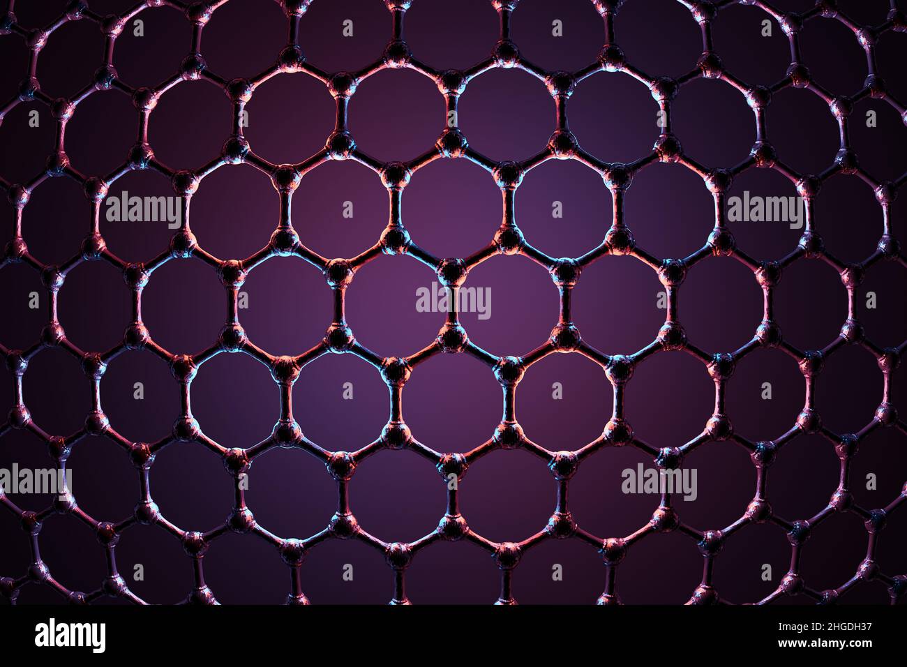 3D Darstellung der Graphenstruktur, Wissenschaftshintergrund, Technologiekonzept, sechseckige geometrische Form close-up, Kohlenstoff-atomare Struktur Stockfoto
