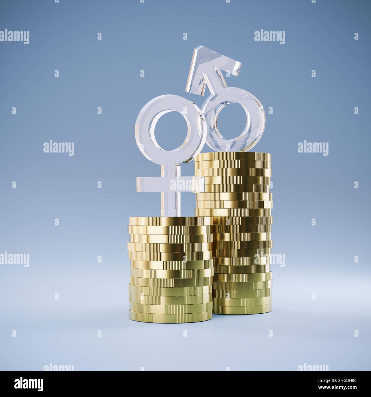 Gender Pay GAP Konzept: Zwei Haufen Münzen mit unterschiedlicher Höhe und männliche und weibliche Symbole aus Glas auf der Oberseite. Stockfoto