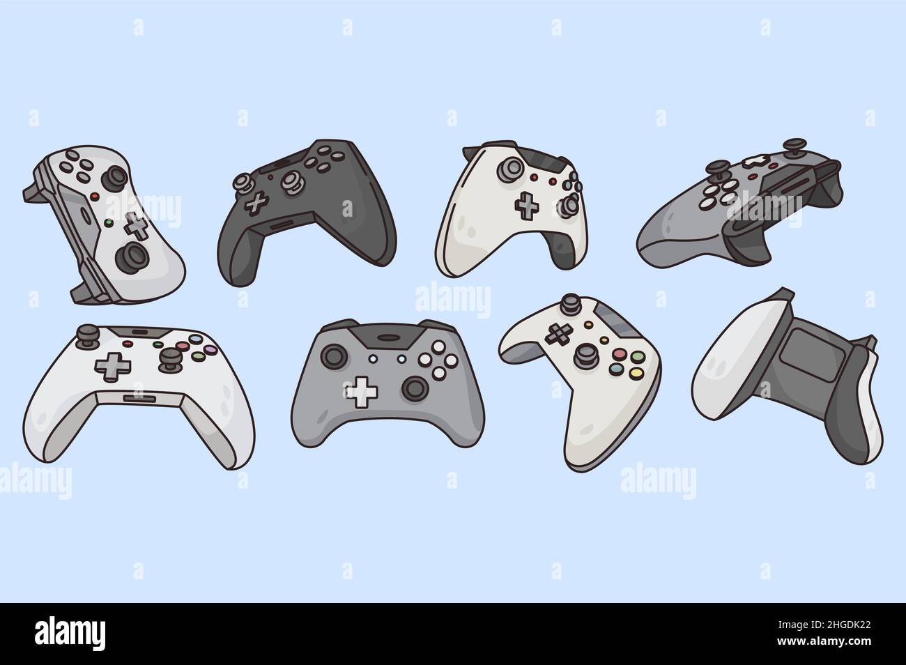 Set von verschiedenen Spiel-Controller. Sammlung alter und moderner Gamepads für Computervideospiele. Wiedergabe von Konsolen- und PC-Internetanwendungen. Geräte und Gadgets. Flache Vektorgrafik. Stock Vektor