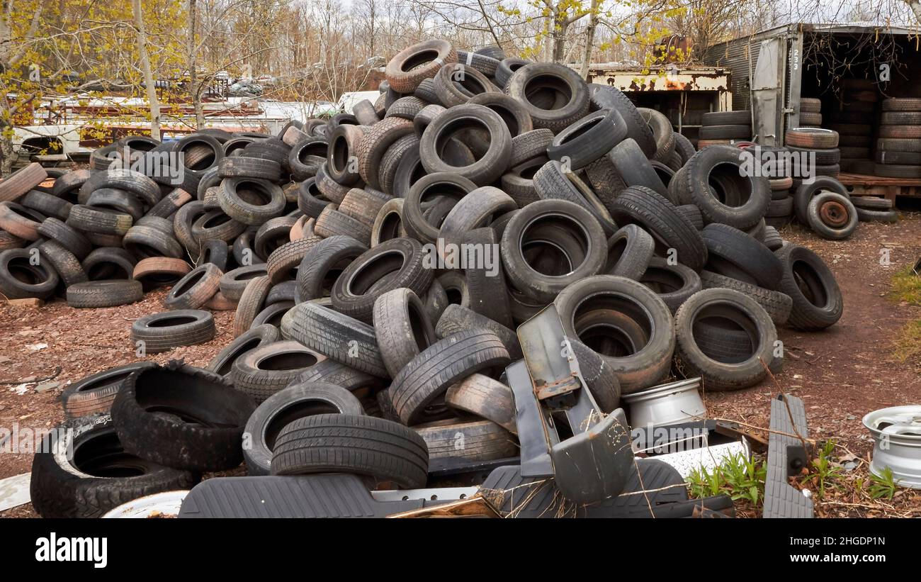 Bergungshof mit neuen, alten und seltenen Autos und Lastwagen. Motorteile. Stockfoto