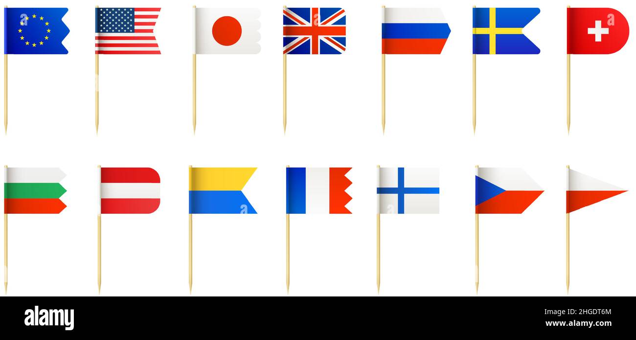 Realistischer Holzzahnstocher mit kleinen Landflaggen für die Lebensmitteldekoration. USA, frankreich, japan, schweden und england Miniatur 3D Flaggen Vektorset Stock Vektor