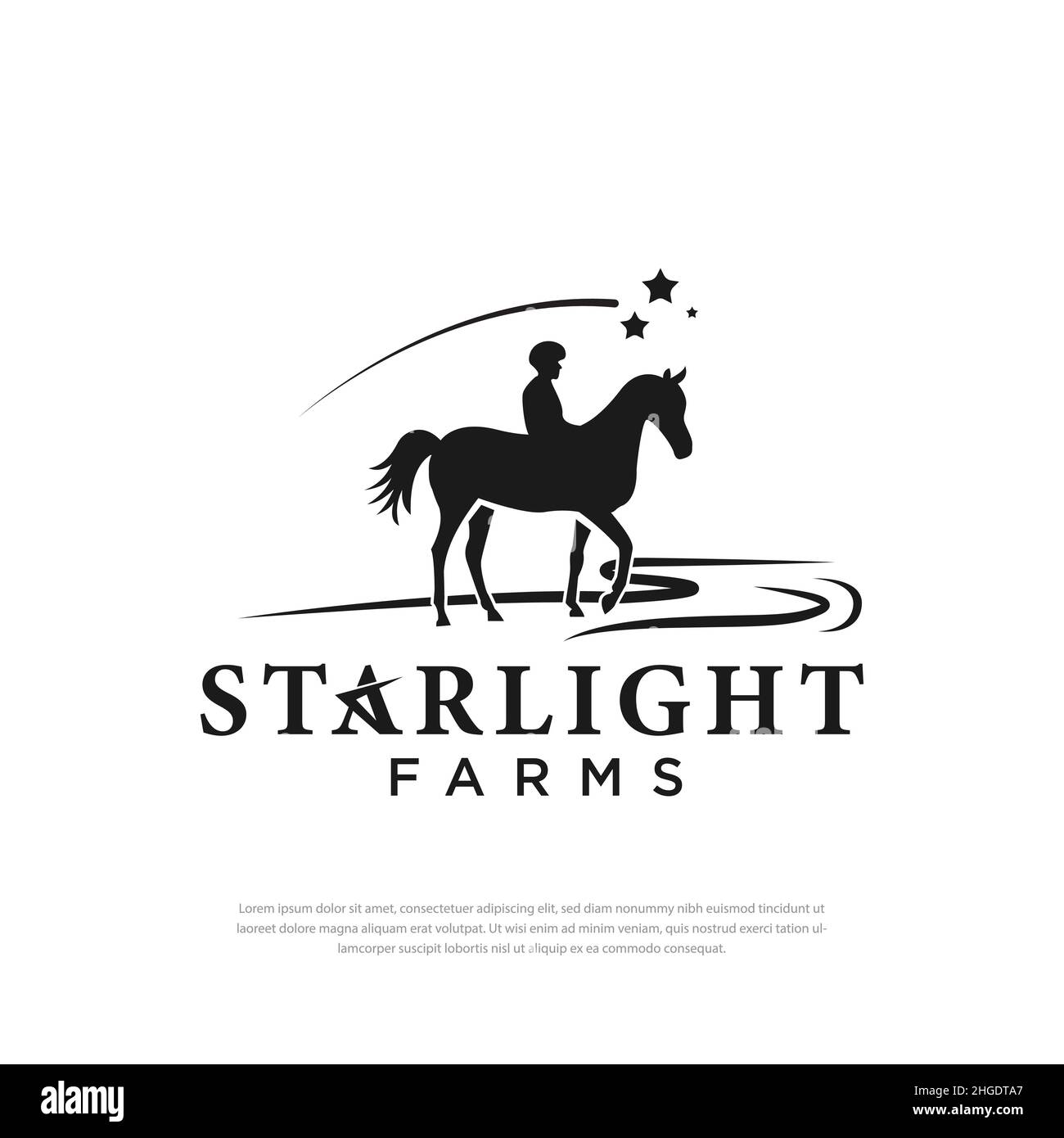 Man Riding Horse Silhouette als Starlight blinkt, Logo Design Illustration Stock Vektor