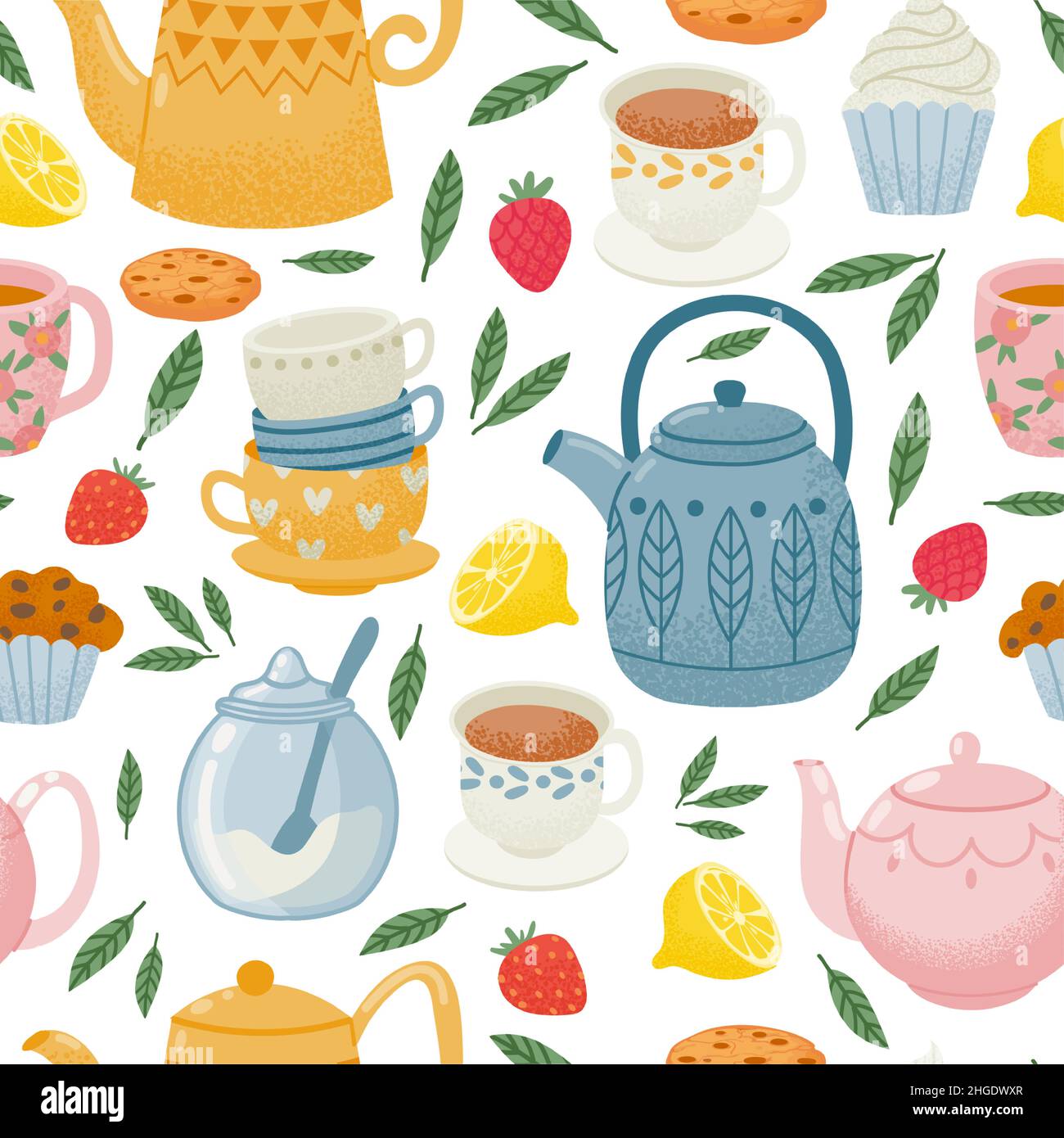 Dekoratives Teestupfmuster mit Teekannen, Tassen und Süßigkeiten. Morgengetränk, englisches Frühstücksmuster. Küche Tapete Vektor-Design Stock Vektor