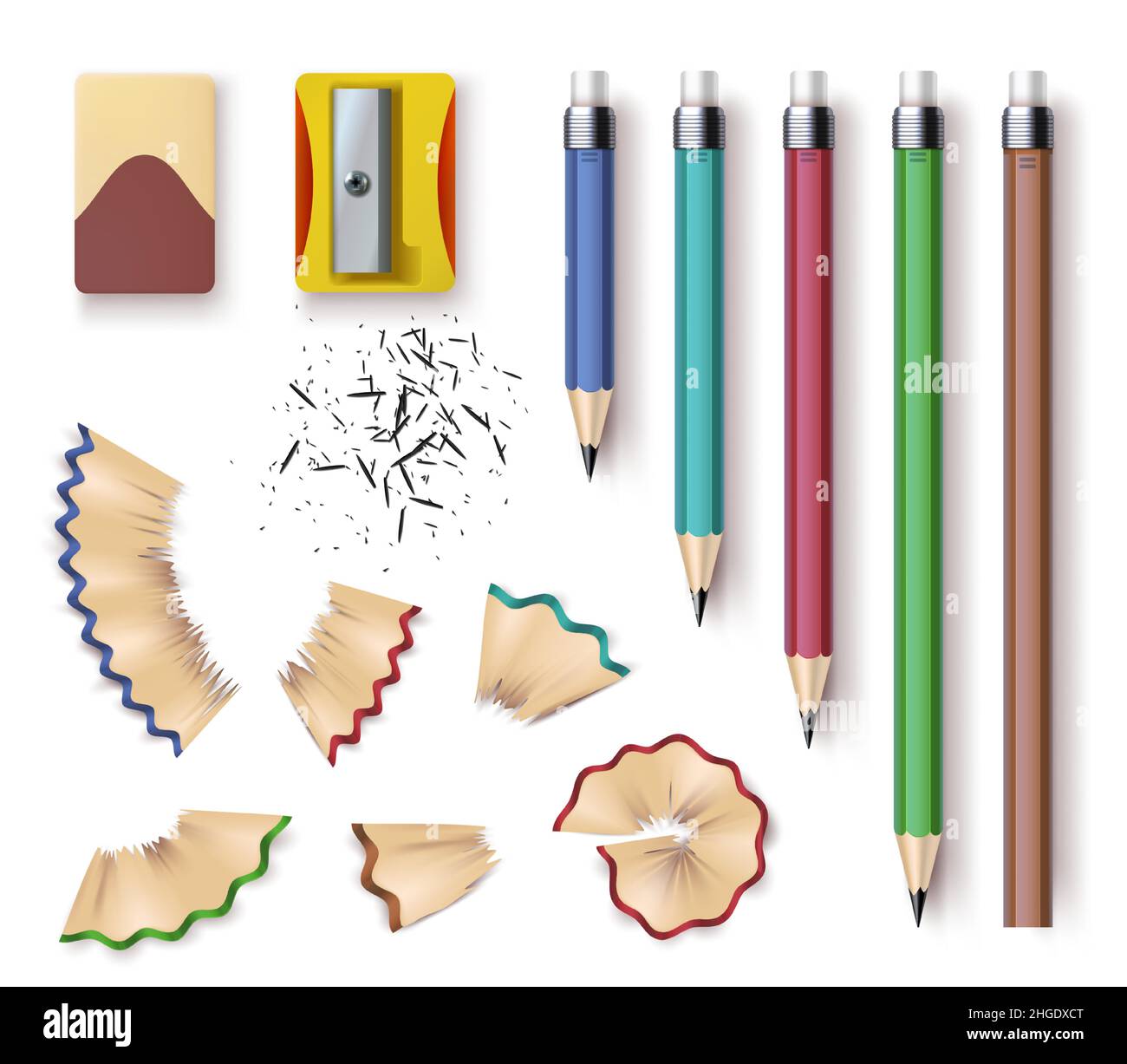 Realistische Bleistifte aus Holz, Spitzer, Radierer und Holzspänder. Geschärfte Bleistiftgrößen, Schreib- und Zeichenwerkzeuge. Briefpapier-Vektorset Stock Vektor