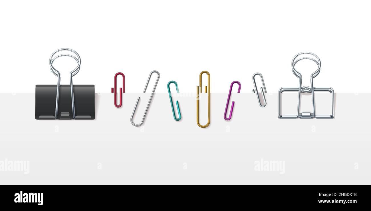 Realistische Metallbinderclips, Klemmen und Blatthalter. Büropapierklammern an weiße Seite angehängt. Vektorset für Büroklammern Stock Vektor