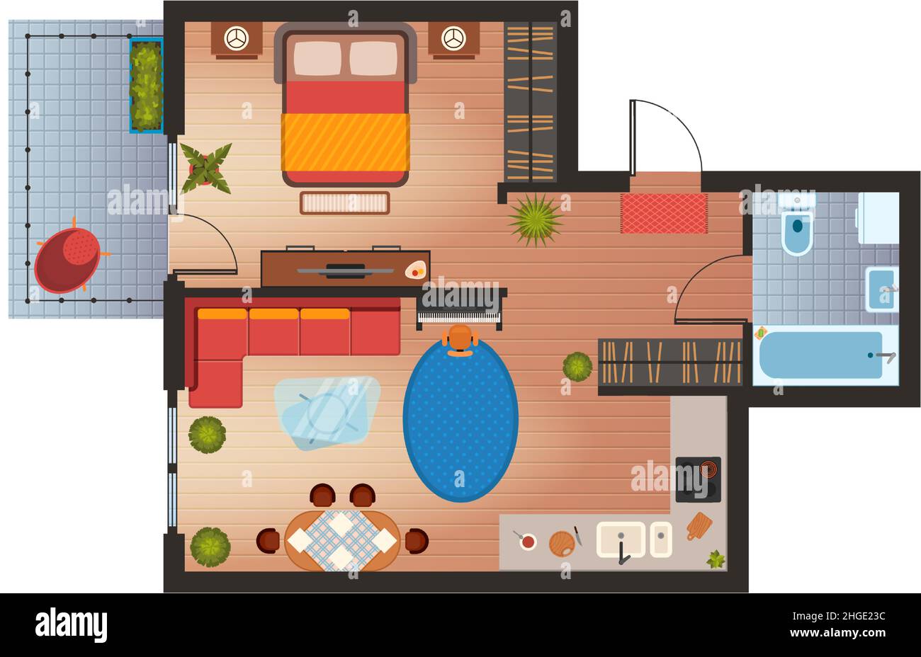 Appartement oder Haus Grundriß mit Möbeln Draufsicht. Flaches Zimmer im Architekturdesign. Wohnzimmer, Küche, Schlafzimmer und Bad Vektor-Plan Stock Vektor