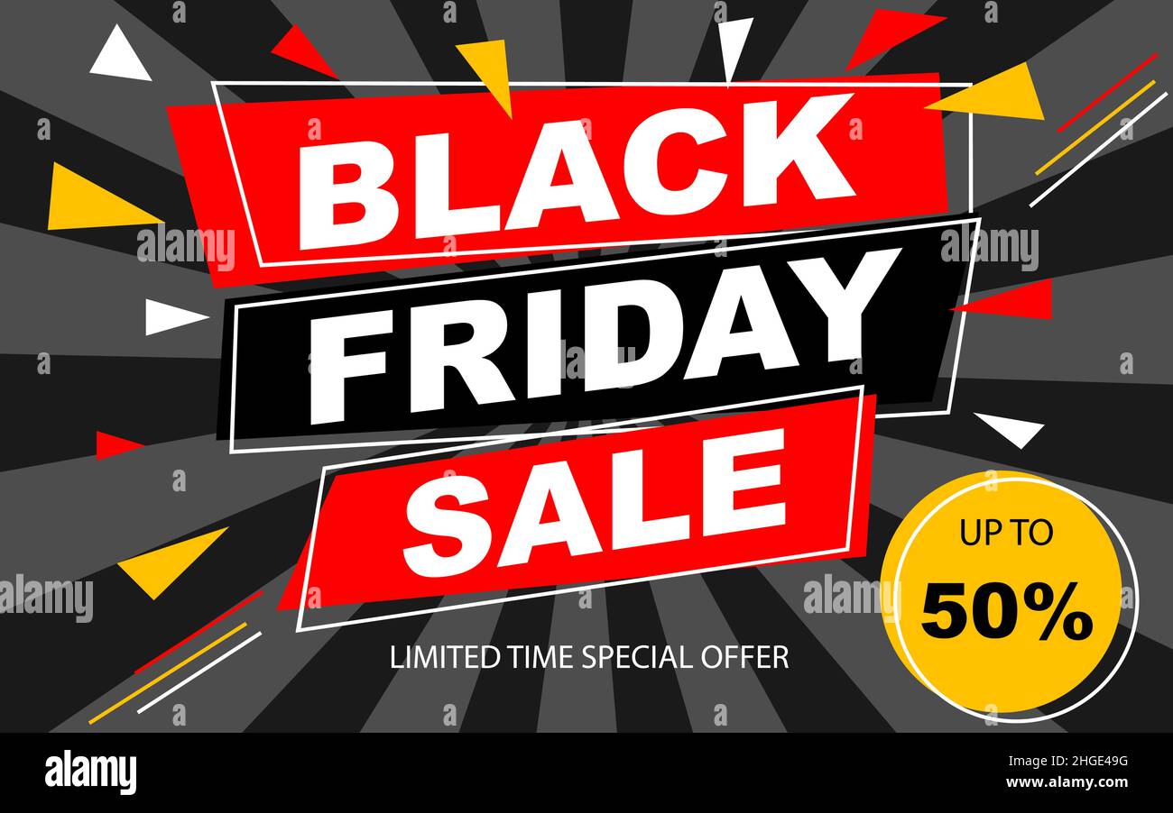 Black friday Verkauf Banner Design Vorlage. Flaches Designkonzept. Vektorgrafik Stock Vektor