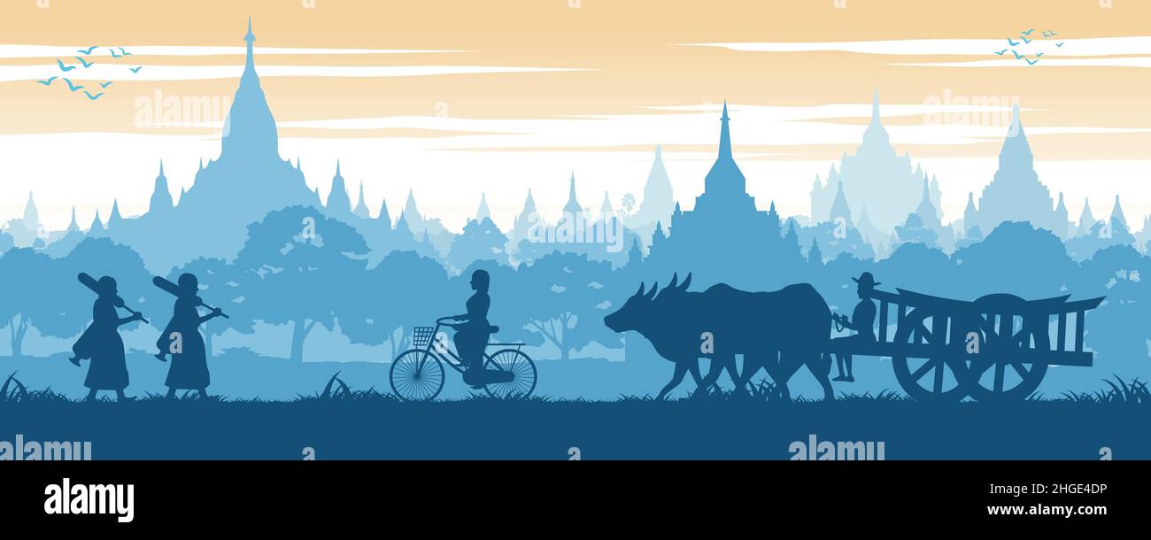 ASEAN Landschaft Land Hintergrund von Myanmar mit Pagode Meer während Mönch auf Pilgerfahrt Frau Fahrrad fahren und Mann auf Kuhwagen, Vektor-Illustration Stock Vektor