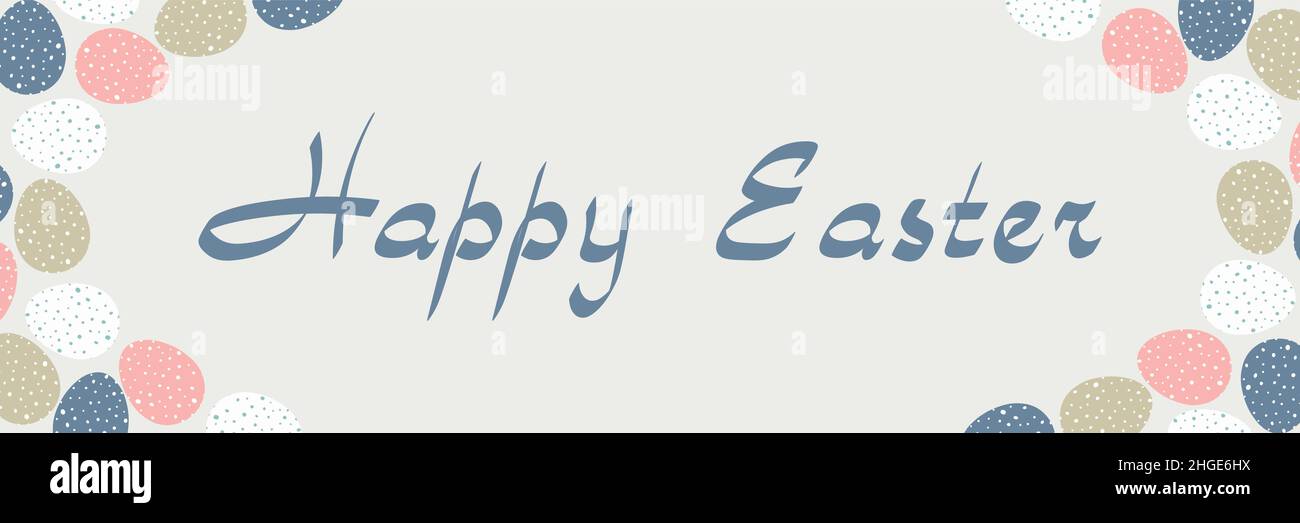 Osterdesign mit Eiern und Blumen in Pastelltönen. Horizontales Poster. Frohe Ostern Grüße Text. Design für Titel für die Website, Banner, Poster Stock Vektor