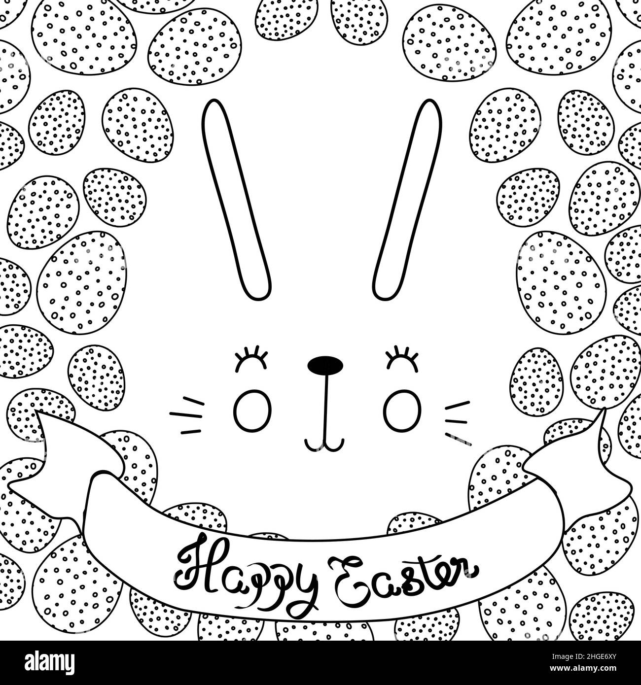 Vektor-Illustration von niedlichen Hase mit hellen Eiern. Frohe Ostern Grüße Text. Design für Web, Website, Banner, Poster, Karte, Papierdruck, Postkarte Stock Vektor