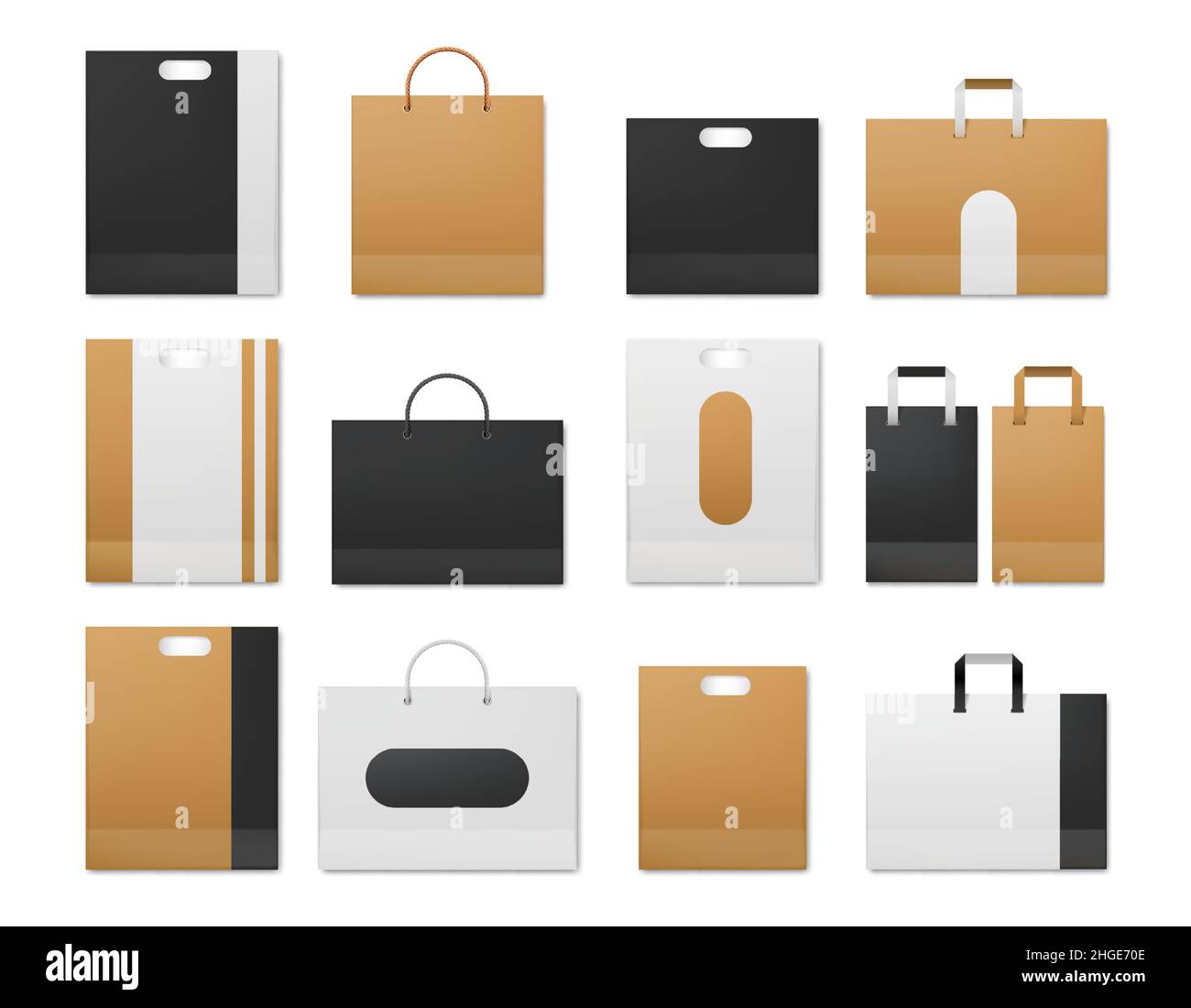 Realistische Shopping Bastelpapier, weiße und schwarze Taschen Design Mockups. Bewahren Sie das Paket mit Kabelgriffen auf. Supermarkt Kartonbeutel Vektor-Set Stock Vektor