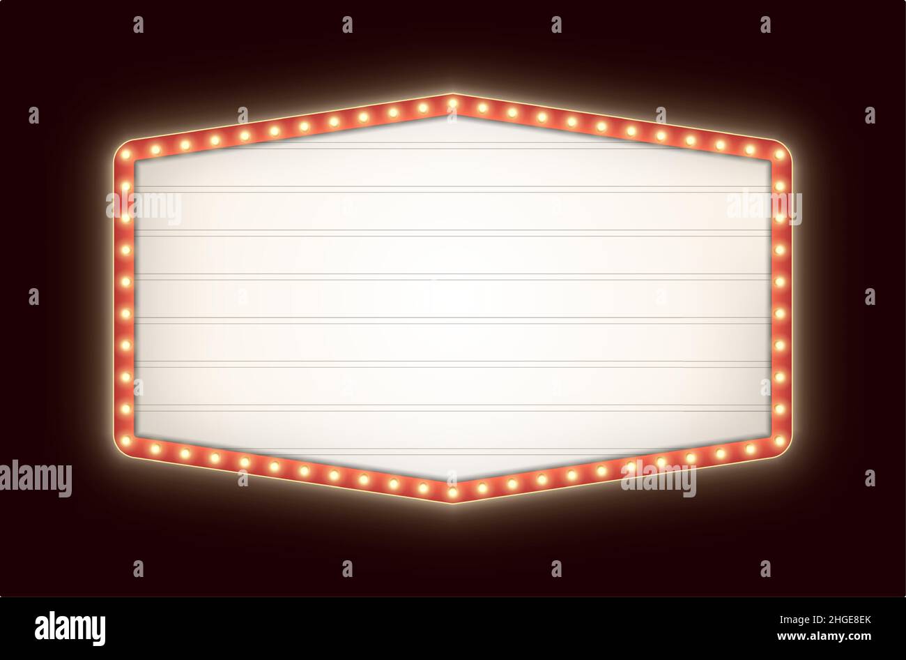 Retro-Leuchtkasten mit isolierten Glühbirnen auf dunklem Hintergrund. Vintage sechseckiges Theaterschild. Stock Vektor
