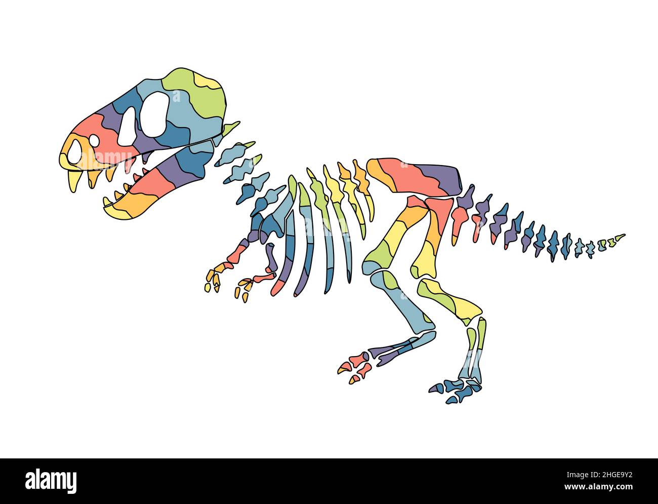 Dinosaurierskelett . Originelles Design mit Regenbogen-Dinosaurier. Druck für T-Shirts, Textilien, Packpapier, webb. Gezeichnete Vektordarstellung Stock Vektor