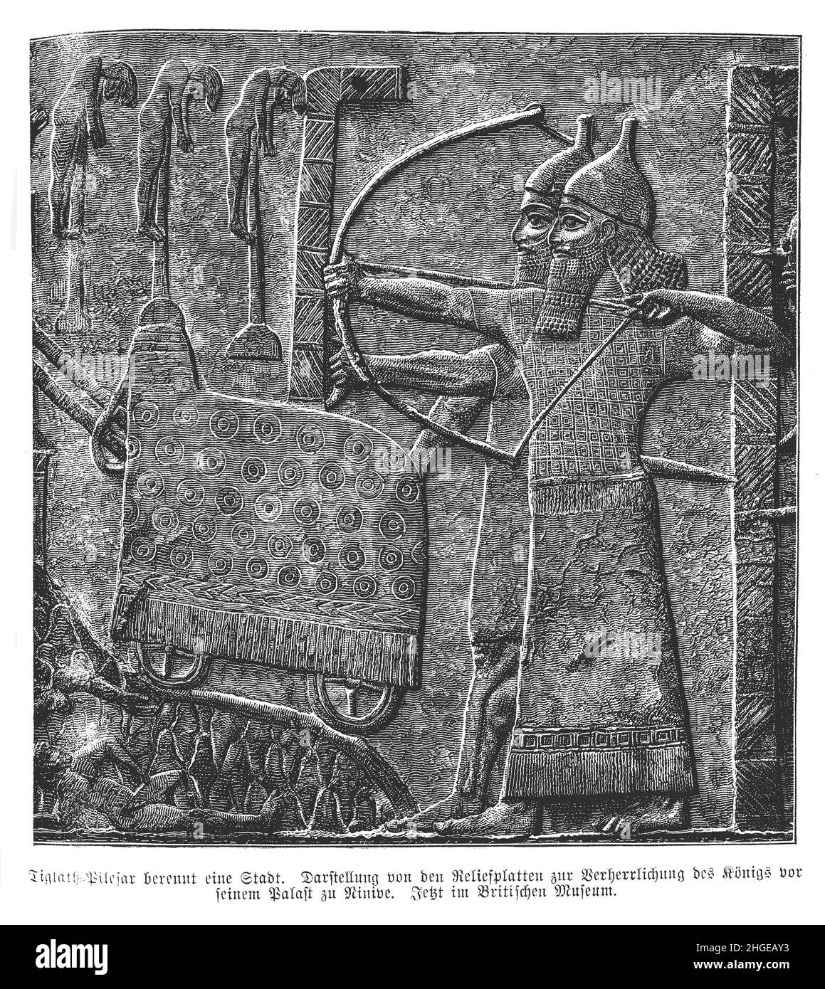 König Tiglath-Pileser III. Belagerte eine Stadt, Flachrelief aus dem Zentralpalast in Nimrud, assyrisches Reich Stockfoto