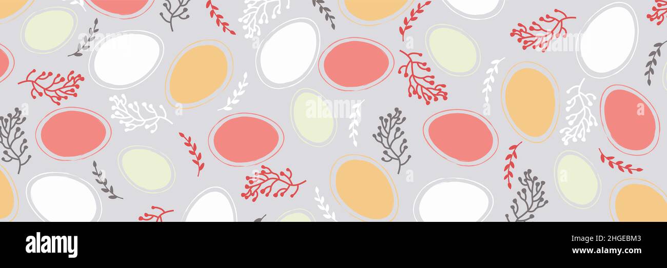Osterdesign mit Eiern und Blumen in Pastelltönen. Horizontales Poster. Frohe Ostern Grüße Text. Design für Titel für die Website, Banner, Poster Stock Vektor