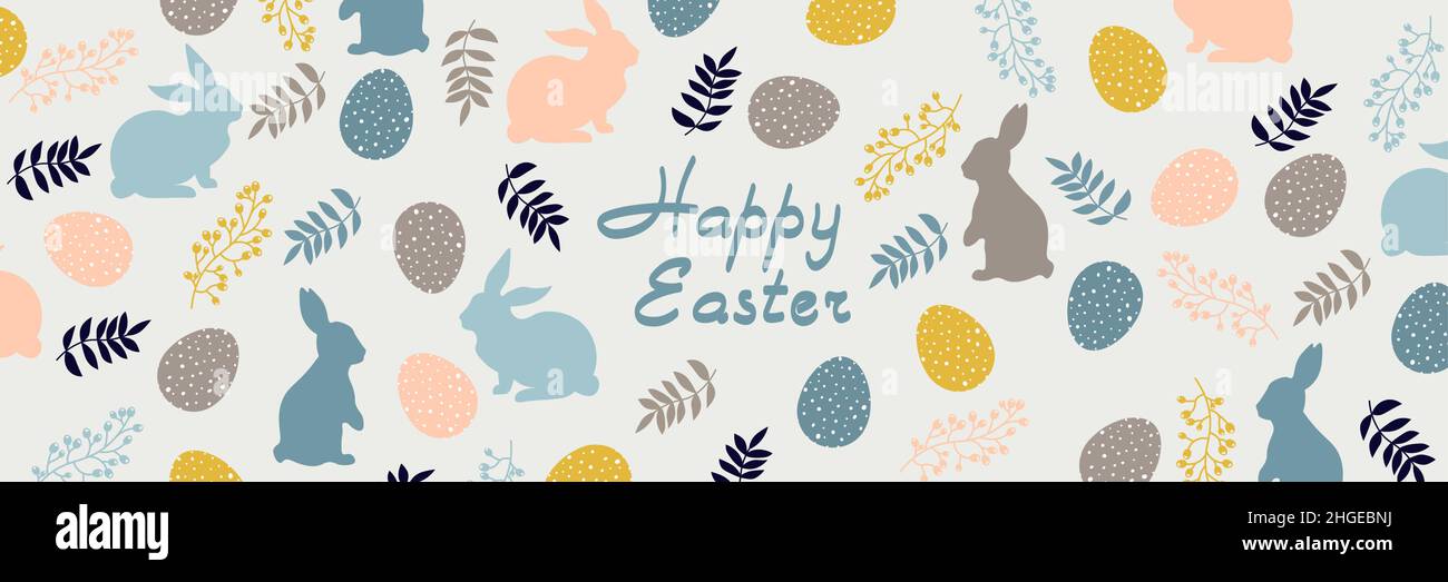 Osterdesign mit Eiern, Hasen und Blumen in Pastelltönen. Horizontales Poster. Frohe Ostern Grüße Text. Design für Titel für die Website, Banner Stock Vektor