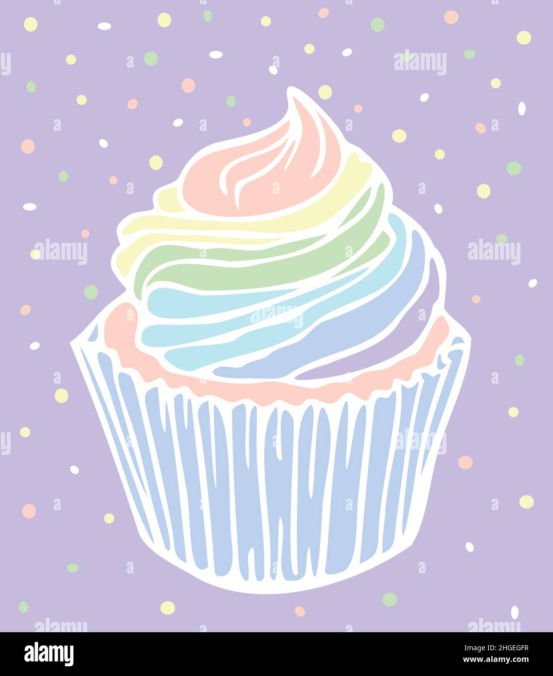 Vektor-Illustration von Cupcake mit Regenbogencreme auf der Oberseite. Handgezeichneter Cupcake. Stock Vektor
