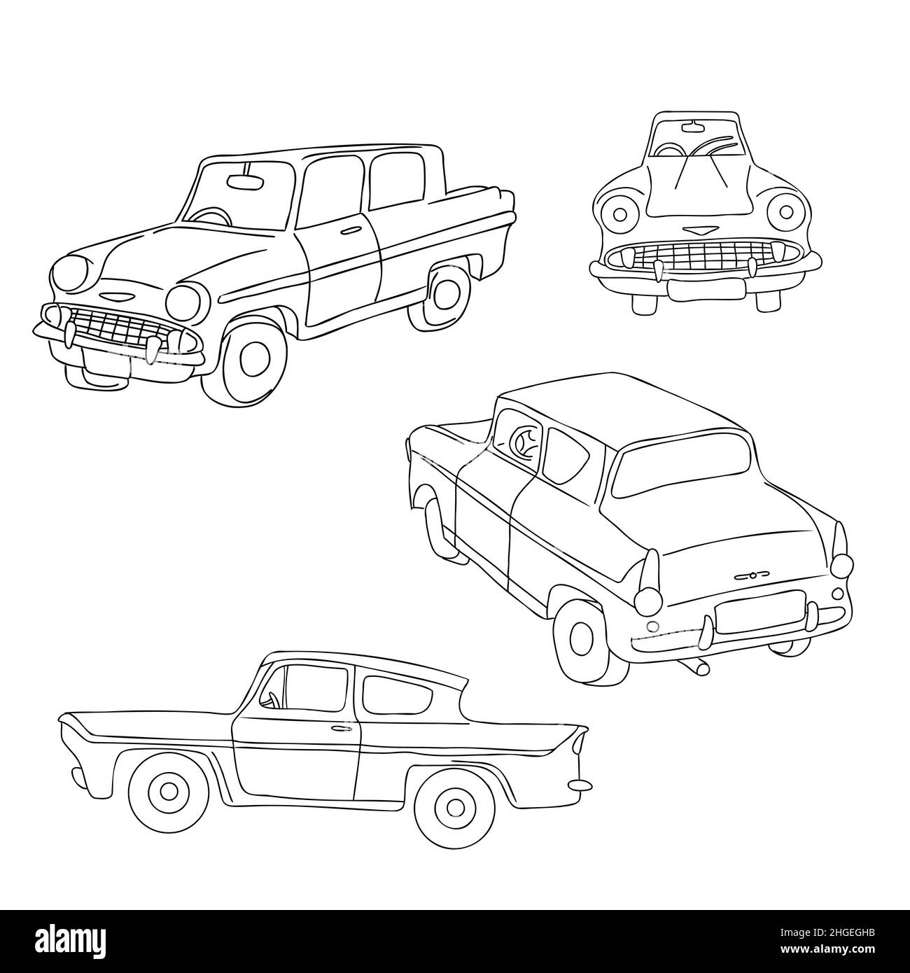 Skizzieren Sie ein handgezeichnetes Retro-Auto in Front-, Seiten- und isometrischen Ansichten. Set mit Vintage-Silhouetten. Vektorgrafik Stock Vektor
