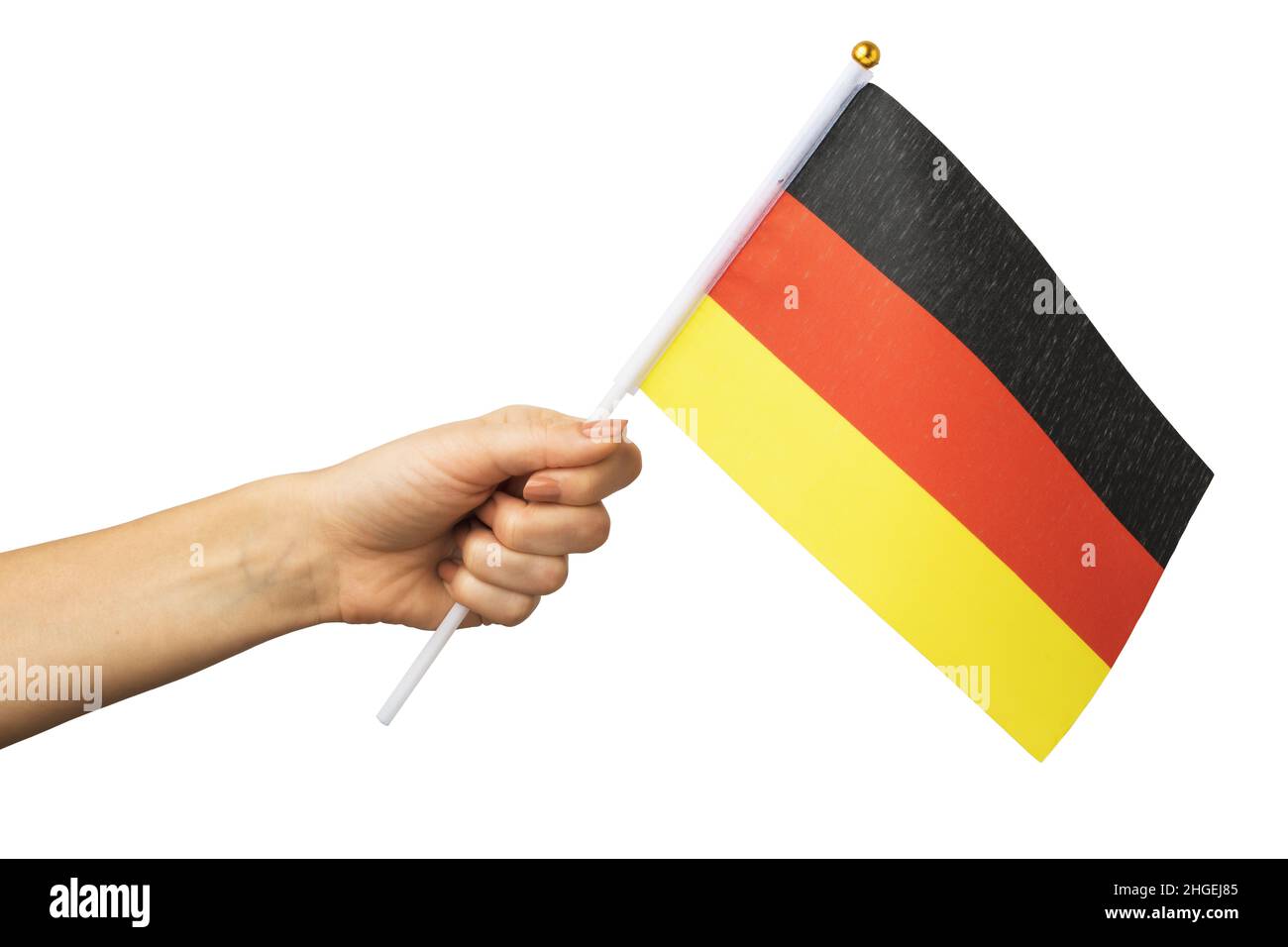 Weibliche Hand hält Deutschland Flagge isoliert auf weißem Hintergrund, Vorlage für Designer Stockfoto Weibliche Hand hält Deutschland Flagge isoliert auf weißem Hintergrund, Vorlage für Designer Stockfoto