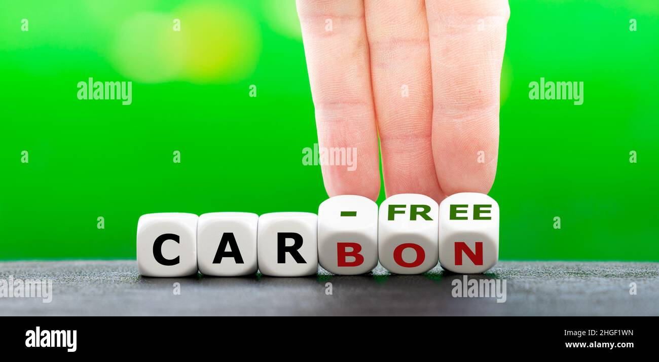 Symbol für die Reduzierung der CO2-Emissionen. Die Hand dreht Würfel und ändert den Ausdruck „Carbon“ in „autofrei“. Stockfoto