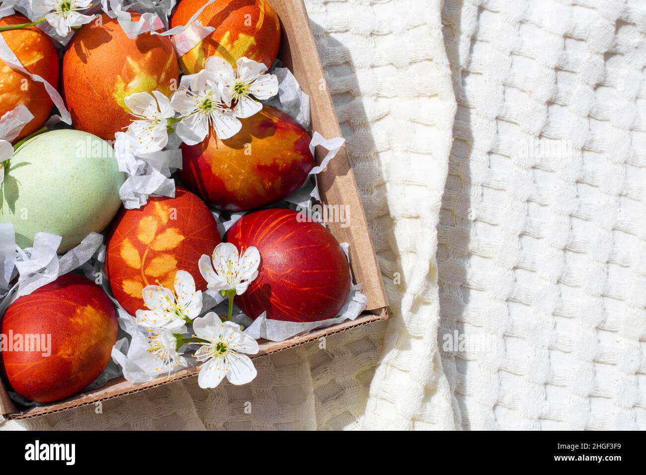 Bemalte Eier mit Sakura-Blumen zur Feier des Heiligen Osterfestes. Flach liegend, Kopierplatz. Stockfoto