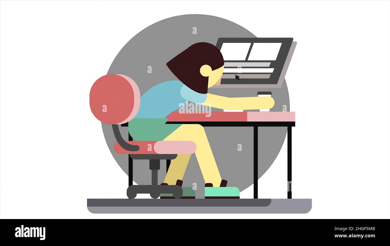 Cartoon-Animation einer wütenden Frau, die an einem Computer sitzt, mit ...