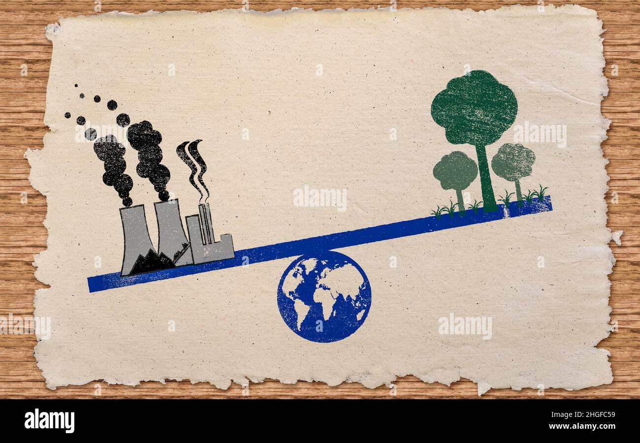 Die Welt balancierende Industrie und Natur drucken auf Papier, Öko-Umwelt-Balance-Konzept Stockfoto