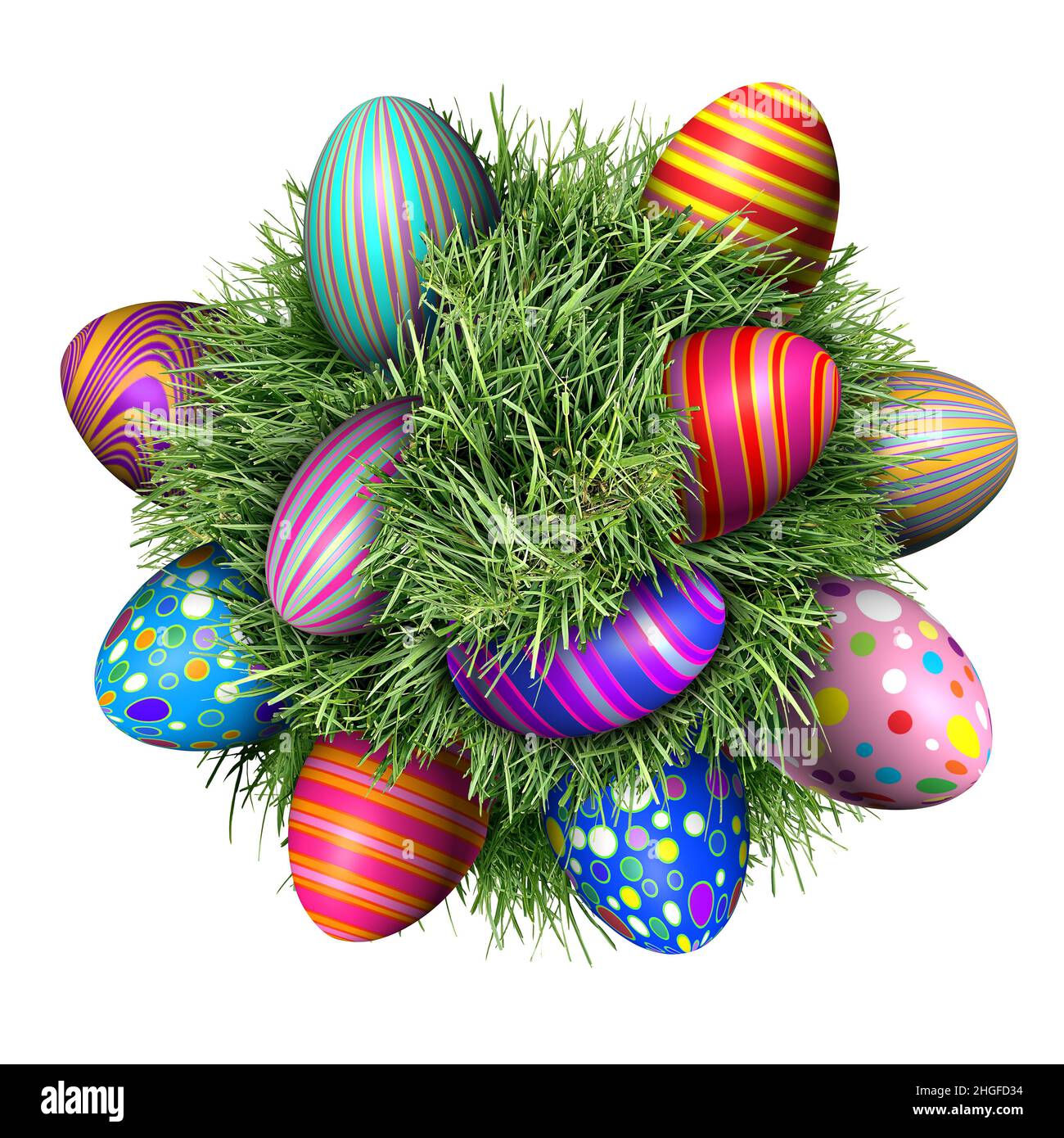 Ostereiersuche mit verzierten Eiern, die in einem grünen Grasball sitzen, als Symbol für den Frühling und als festliche Dekoration und Design-Element für die Feiertage im April. Stockfoto