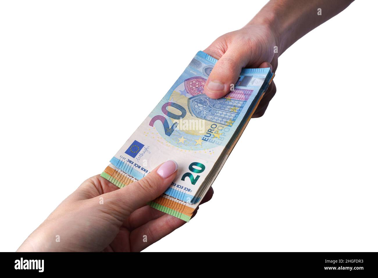 Hände geben Bargeld Euro Geld isoliert auf weißem Hintergrund. Geld leihen Stockfoto