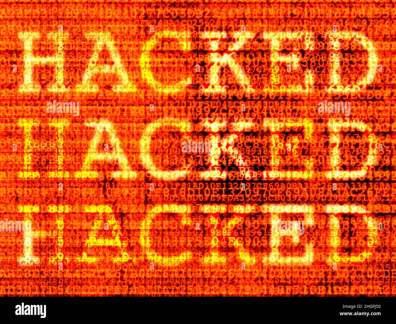 Ein gehackter Computerbildschirm mit schädlichem Code, Viren, Trojanerpferd und Malware Stockfoto