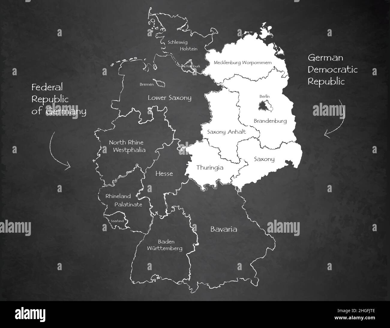 Deutschland Karte aufgeteilt auf West-und Ostdeutschland Karte, administrative Teilung trennt Regionen und Namen, Design-Karte Tafel Kreidetafel Vektor Stock Vektor