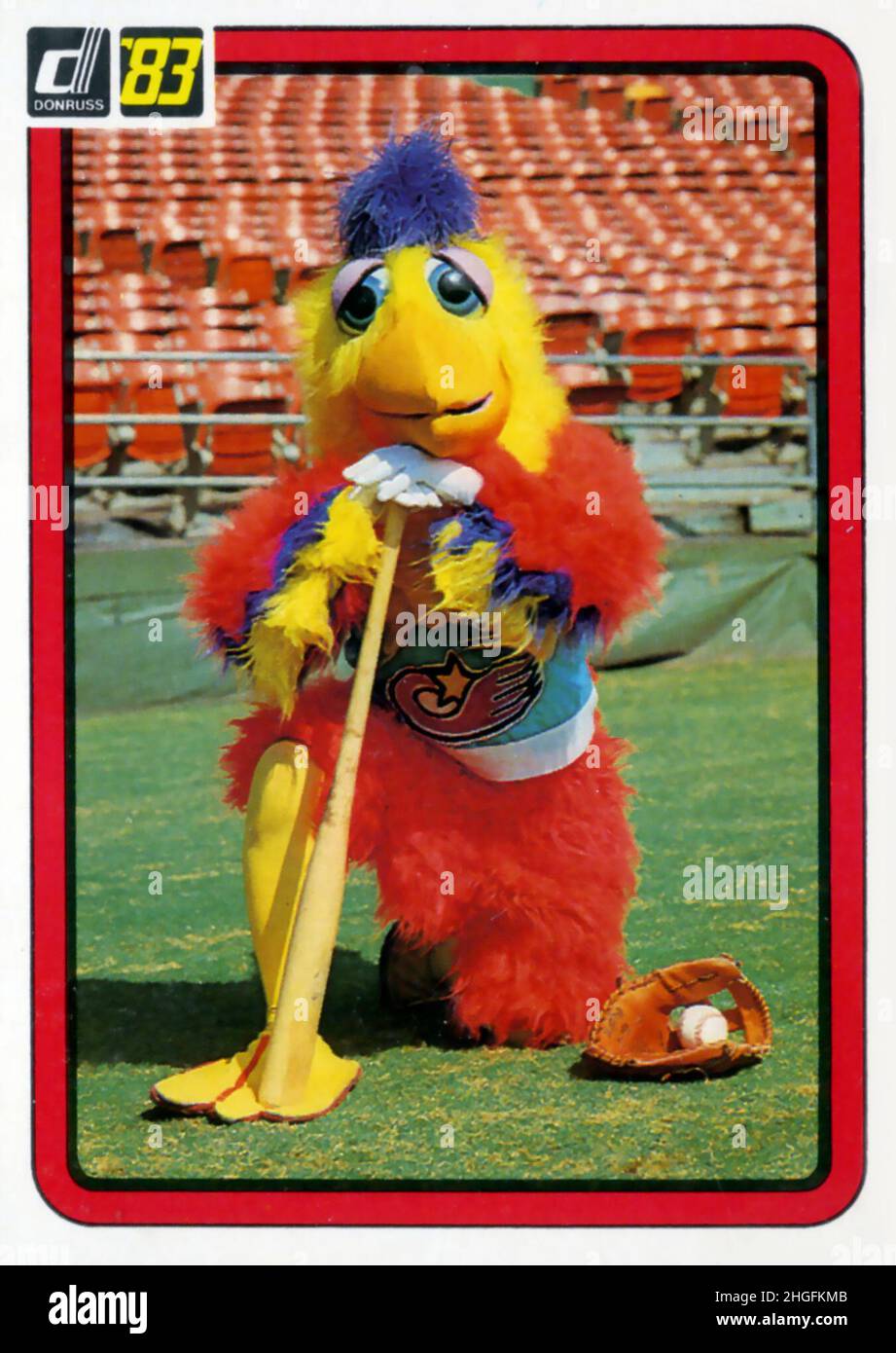 1983 Donruss Baseballkarte mit dem San Diego Huhn, dem Maskottchen der San Diego Padres, gespielt von Ted Giannoulas. Stockfoto