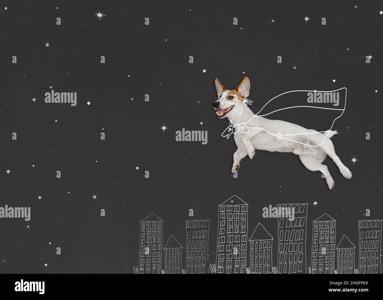 Hund in Superhelden Kostüm fliegen in der Nacht Stadt, Zeichnung auf der Tafel . Superhelden-Gewinner-Konzept. Stockfoto