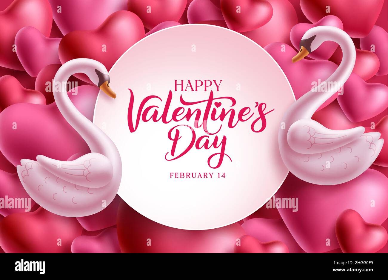 Valentinstag Vorlage Vektor-Design. Happy valentine's Day Text in leerem Raum Rahmen mit paar Schwan Zeichen und Herz Hintergrund. Vektor Stock Vektor