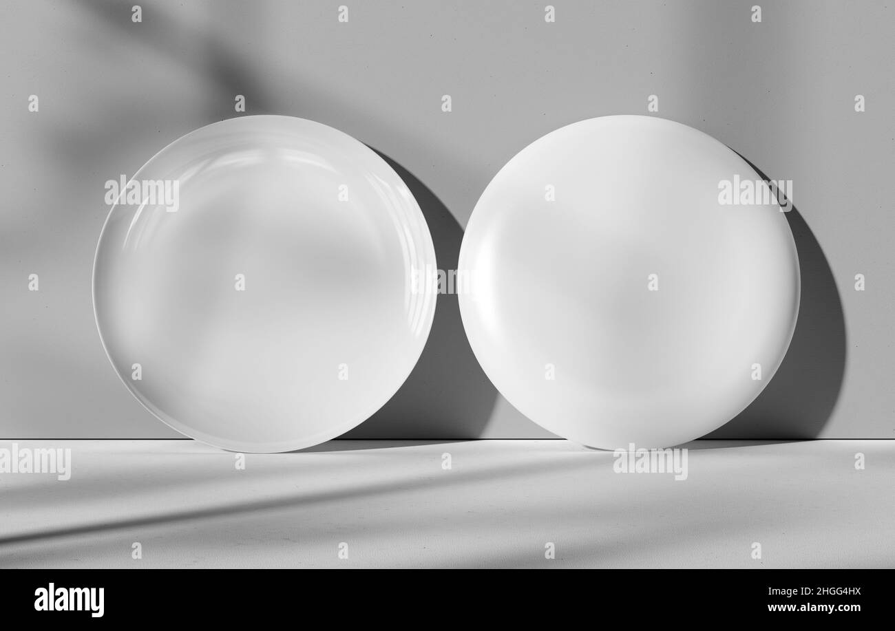 Weiße Platte Schablone, 3D Rendering, isolierter Hintergrund mit Schatten, vorne, hinten. Stilvolles Keramik-Geschirr, Porzellan-Geschirr für Werbung, desi Stockfoto
