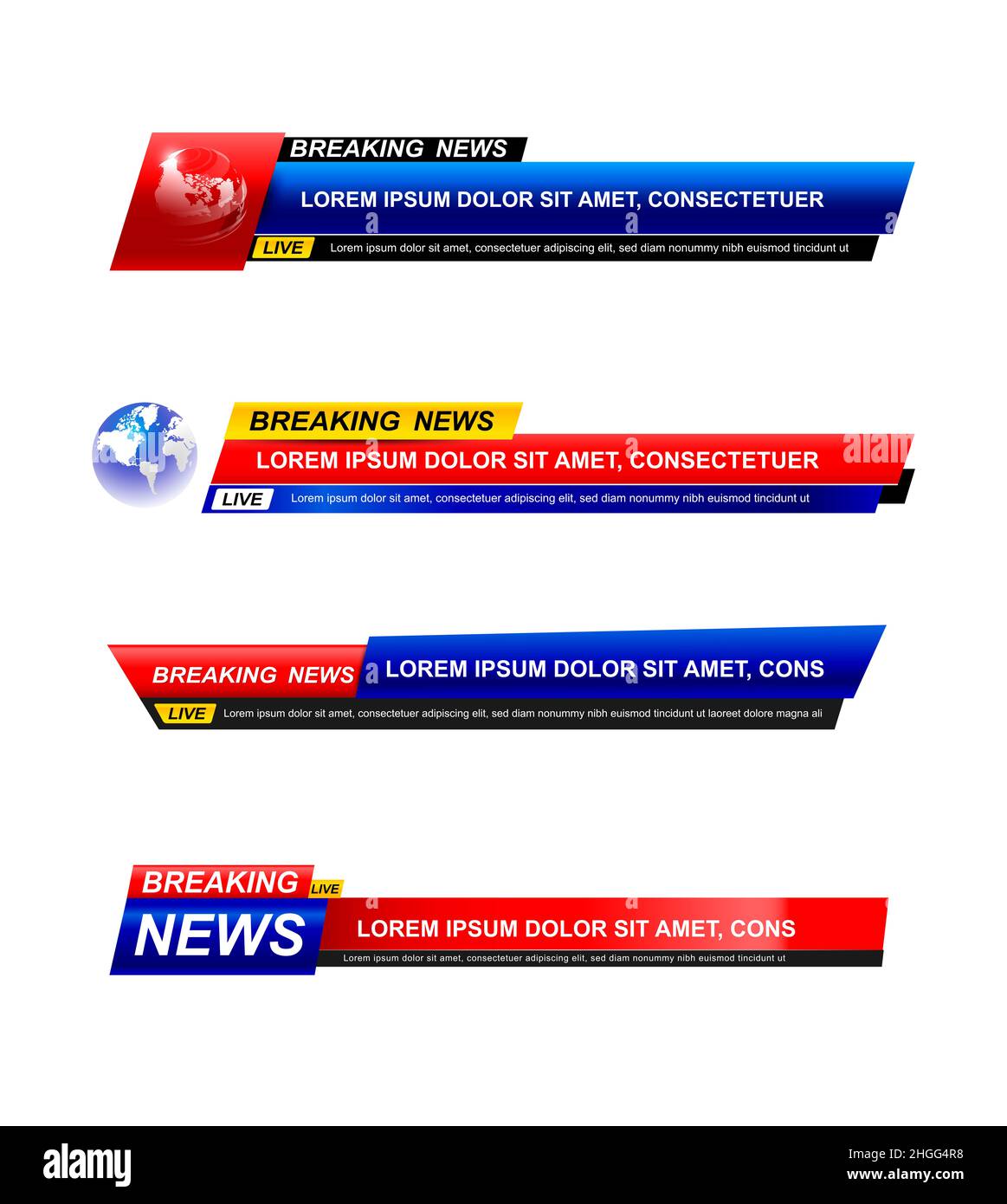 Breaking News Template Set, Sammlung von News TV-Programm Titel auf weißem Hintergrund. Breaking News Text auf einem Tag und Abzeichen. Eleganter und moderner Stil, Stockfoto
