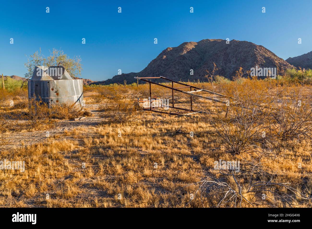 Eingestürzter Windpumpenmast, Wasserbehälter am Hazen Well, ehemalige Ranch in Margies Cove, Sheep Mtn, Maricopa Mtns, Sonoran Desert National Monument, Arizona Stockfoto