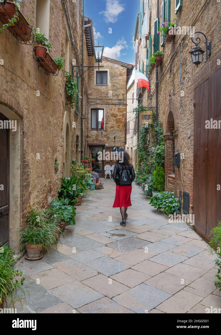 Pienza (Italien) - die wunderbare mittelalterliche Stadt der Toskana im Frühling, mit sehr berühmten Aussichten und Landschaften im Val d'Orcia UNESCO-Stätte Stockfoto