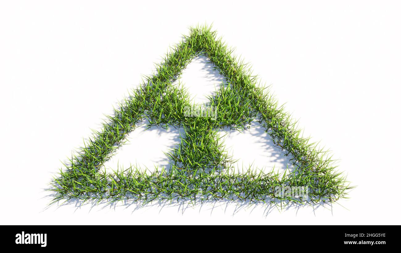 Konzept oder konzeptuelle grüne Sommer Rasen Gras Symbol Form isoliert weißen Hintergrund, nukleare Gefahr Symbol. 3D Illustration Metapher für Warnung Stockfoto