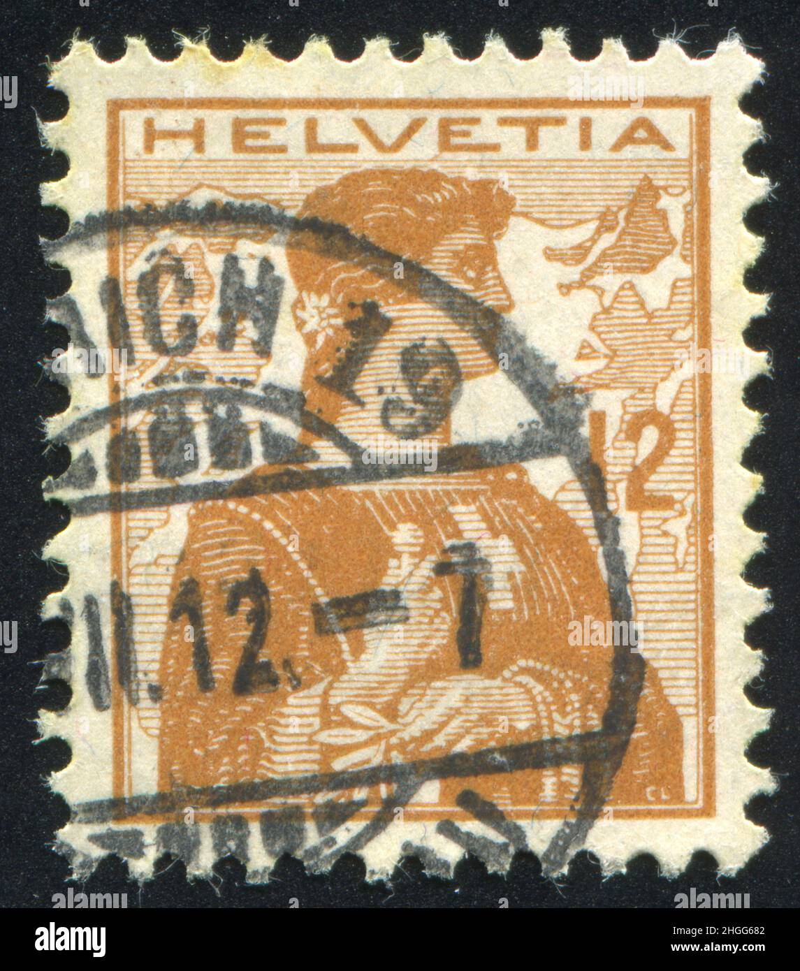 SCHWEIZ - UM 1907: Briefmarke gedruckt von der Schweiz, zeigt Helvetia, um 1907. Stockfoto